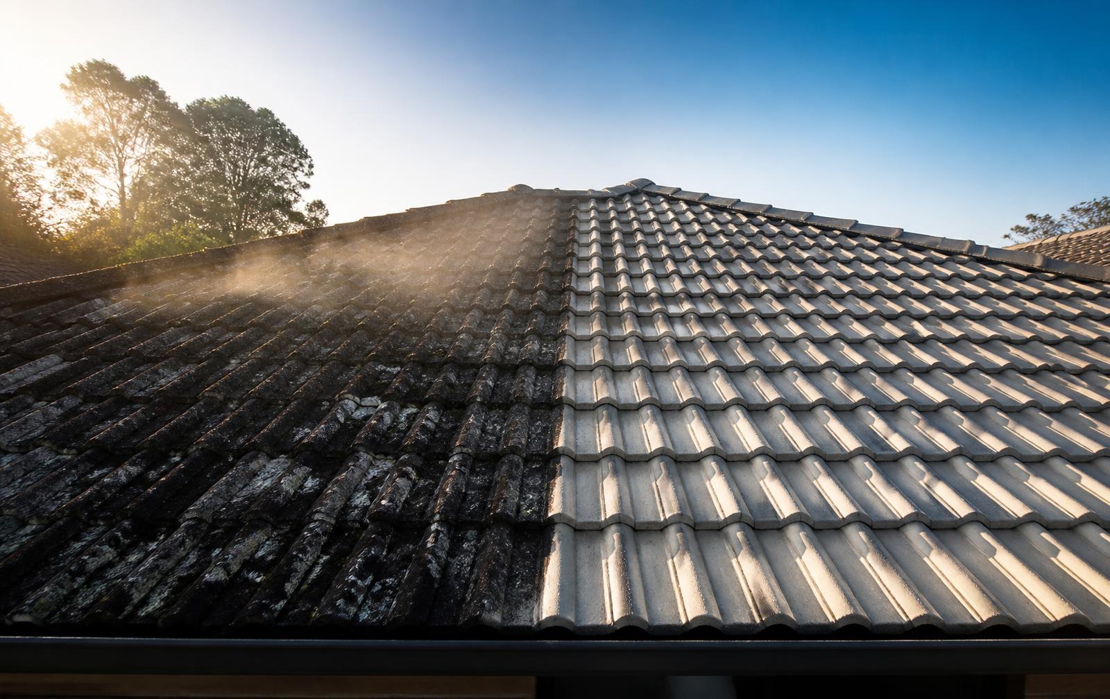 Tiled roof half covered in lichen, half restored to clean tile